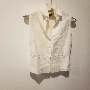 M.P. Made in Italy Womens Size 46 Flax Cotton Lace Trim Button Up Sleeveless Top